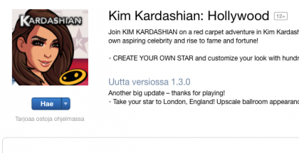 Kim Kardashianin ikioman pelin asentaminen App Storesta ei enää tapahdu painamalla "Ilmainen"-painiketta, vaan "Hae"-painiketta.