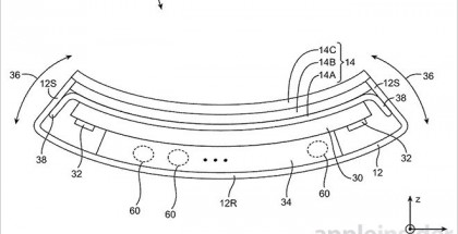 Kuvan Applen patenttihakemuksesta taipuisalle mobiililaitteelle.