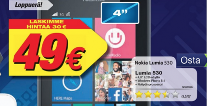 Gigantti myy Lumia 530:n "loppuerän" vain 49 euron hintaan. 26. tammikuuta alkaneen tarjouksen pitäisi olla voimassa ainakin 1. helmikuuta asti.