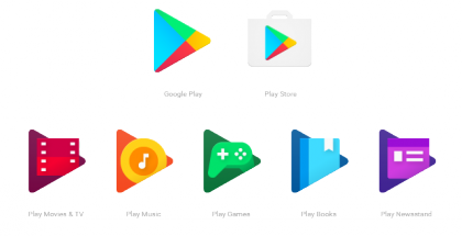 Vanha Google Play -kaupan sovellusikoni (oikea yläkulma) ja kaikki uudet Play-ikonit.