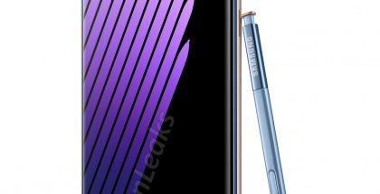 Samsung Galaxy Note7 sinisenä värivaihtoehtona yhdessä S Pen -kynänsä kanssa OnLeaksin julkaisemassa vuotaneessa kuvassa.
