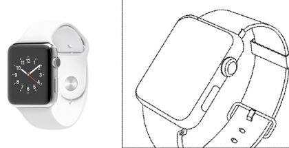 Vasemmalla Apple Watch, oikealla kuva Samsungin patenttihakemuksesta.