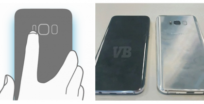 Sormenjälkitunnistin on Galaxy S8:ssa takana. Vasemmalla kuvassa käytetään myös takaa edelleen löytyvää sykemittaria.