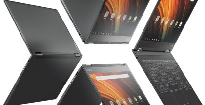 Lenovo Yoga A12:n näyttö kääntyy useisiin eri käyttöasentoihin. Kuvassa Gunmetal Grey -väri.