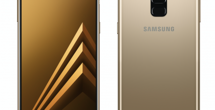 Samsung Galaxy A8 (2018) edestä ja takaa. Muita värivaihtoehtoja ovat musta ja orkideanharmaa.