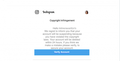 Tältä näyttää tekijänoikeusrikkomuksen verukkeella Instagram-tilitietoja kalasteleva sähköposti.
