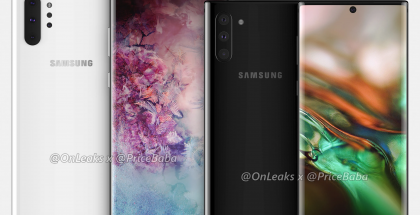 Samsung Galaxy Note10 Pro ja Galaxy Note10 OnLeaksin yhdessä Pricebaba-sivuston kanssa julkaisemassa mallinnoskuvassa.