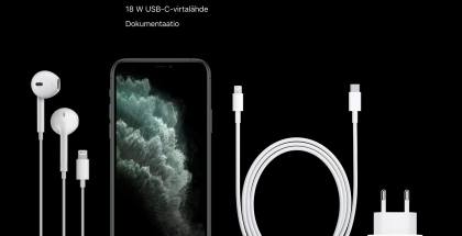 iPhone 11 Pron ja iPhone 11 Pro Maxin myyntipakkauksessa on mukana 18 watin Apple-laturi ja USB-C-Lightning-kaapeli.
