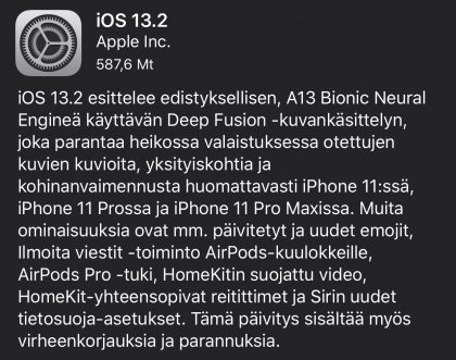 iOS 13.2 on nyt ladattavissa.