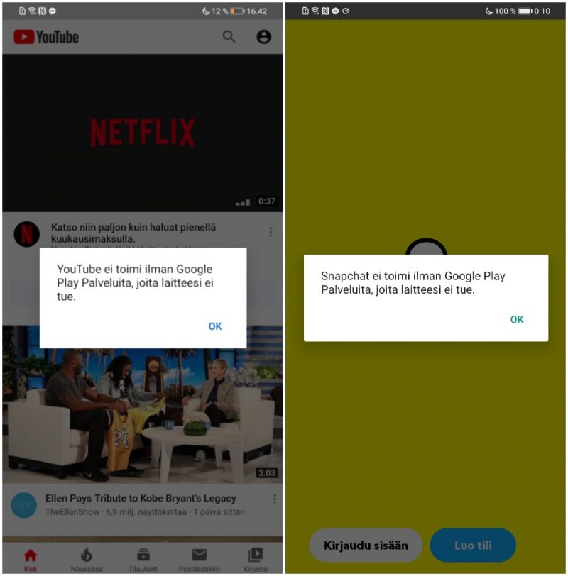 YouTube ei toimi (kuten ei muutkaan Google-sovellukset). Snapchat ei toimi, koska siinä hyödynnetään Google Play -palveluja.