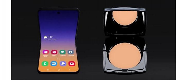 Samsungin simpukkapuhelimen konsepti vs. Lancomen puuterirasia. Kuva: SamMobile.