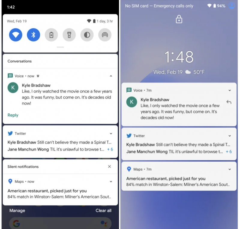Android 11:ssä keskusteluihin liittyvät ilmoitukset esitetään omassa osiossaan, joka näkyy ylimpänä. Kuvat: 9to5Google.