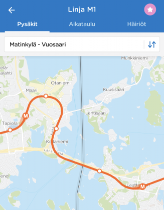 Tässä kuvassa kartalla näkyvät kaksi M-täplää kertovat liikkuvista metrojunista.