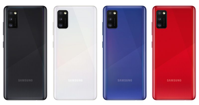 Samsung Galaxy A41:n värivaihtoehdot. Punainen väri ei tule kuulumaan valikoimiin Suomessa.