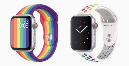 Apple Watchin uudet Pride-teemaiset rannekkeet (Sport Band ja Nike Sport Band).