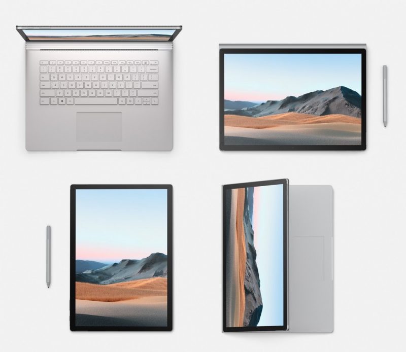 Eri Surface Book 3:n käyttötapoja. Kynä myydään tavallisesti erikseen mutta se on tarjolla kaupanpäällisenä ennakkotilaajille.