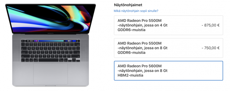 16 tuuman MacBook Prohon saa nyt huomattavasti tehokkaamman Radeon Pro 5600M -näytönohjaimen.