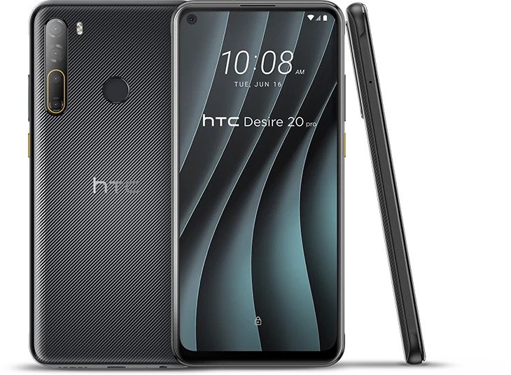 HTC Desire 20 Pro takaa, edestä ja sivulta.