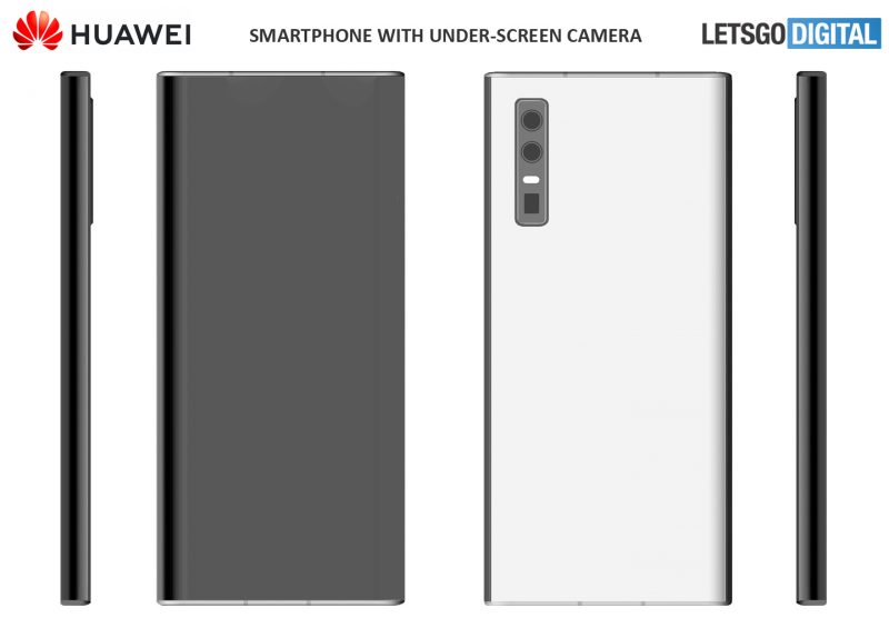 Huawei-älypuhelin näytönalaisella etukameralla LetsGoDigitalin patenttihakemuksen perusteella luomassa mallinnoskuvassa.