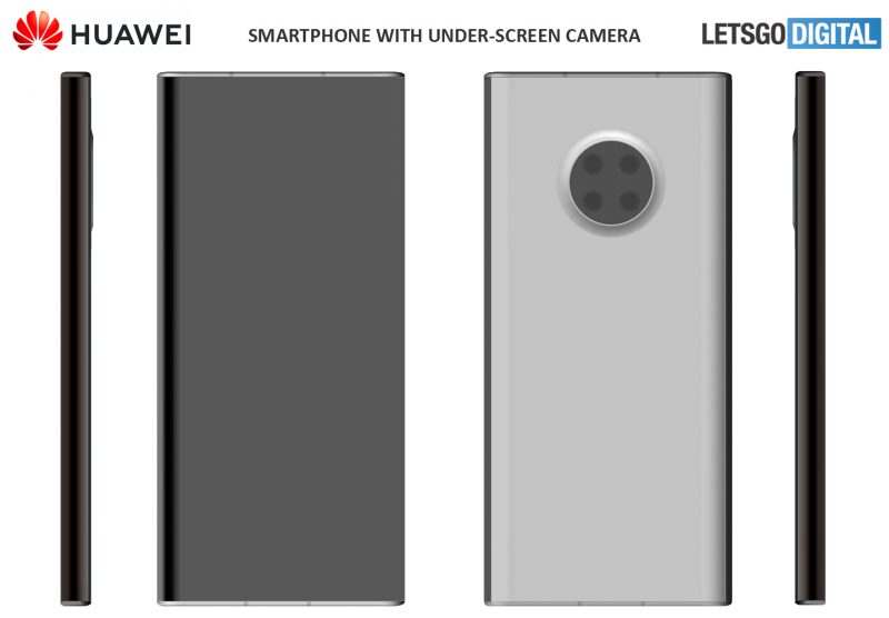 Huawei-älypuhelin näytönalaisella etukameralla LetsGoDigitalin patenttihakemuksen perusteella luomassa mallinnoskuvassa.