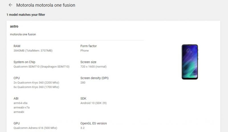 Motorola One Fusionin tiedot Google Play Consolessa.