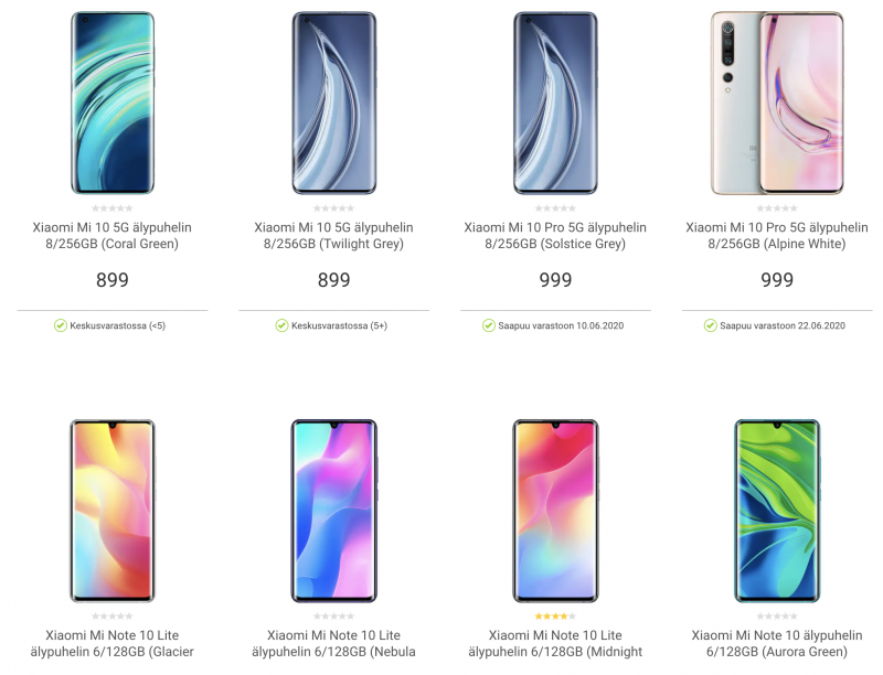 Xiaomi-älypuhelimia Gigantin valikoimissa.