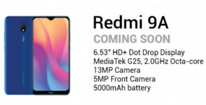 Xiaomi Redmi 9A:n tiedot esitteestä.