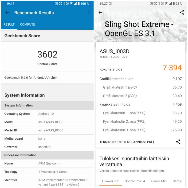 ROG Phone 3:n GeekBench- ja 3DMark-tuloksia.