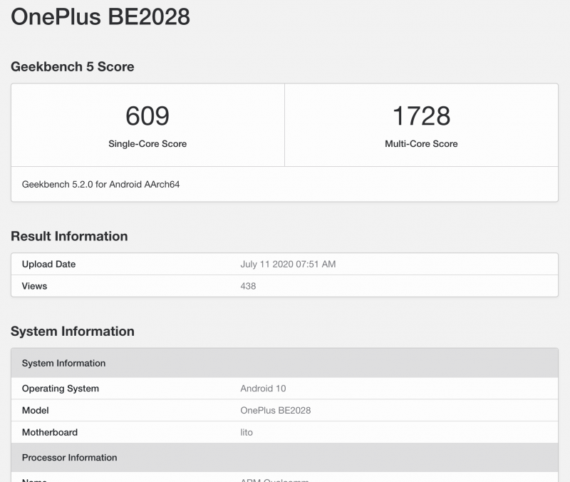 OnePlus BE2028:n GeekBench-tiedot.