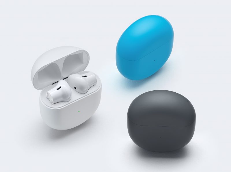Täyslangattomat OnePlus Buds -kuulokkeet ja latauskotelo eri väreissä.