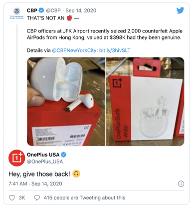 Tästä kohu alkoi. Yhdysvaltojen tullilaitoksen twiitti OnePlus Buds -kuulokkeiden takavarikosta AirPods-väärennöksinä keräsi laajasti huomiota. Myös OnePlus vastasi twiittiin.