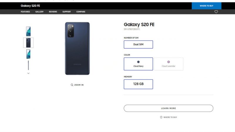 Samsung Galaxy S20 FE vilahti jo Samsungin Filippiinien verkkosivuilla.