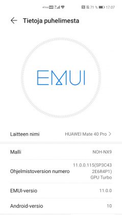 EMUI 11 perustuu myös Mate40 Prossa yhä Android 10 -käyttöjärjestelmäversiolle.