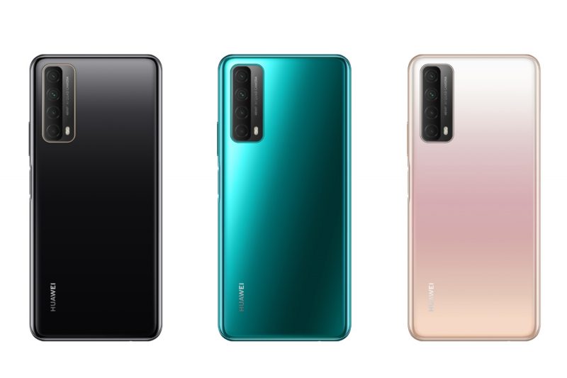 Huawei P Smart 2021:n kolme värivaihtoehtoa: musta Midnight Black, vihreä Crush Green ja kulta Blush Gold.