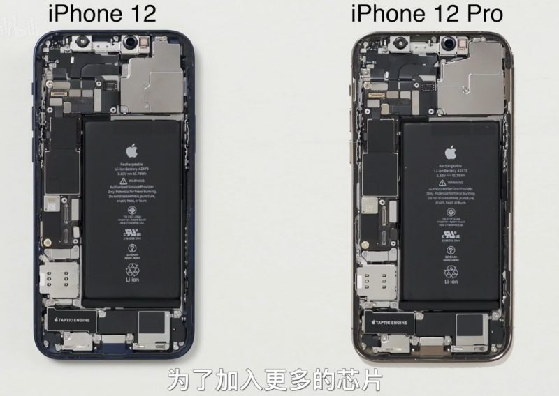 iPhone 12 ja iPhone 12 Pro purettuna.