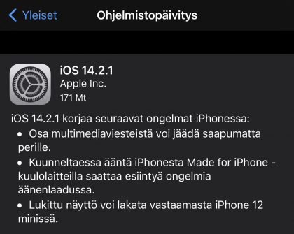 iOS 14.2.1 on ladattavissa iPhone 12 -puhelimille.