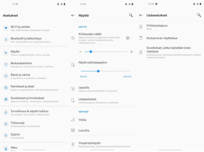 OnePlus Nord N10 5G:n asetuksia ja näyttöasetuksia.