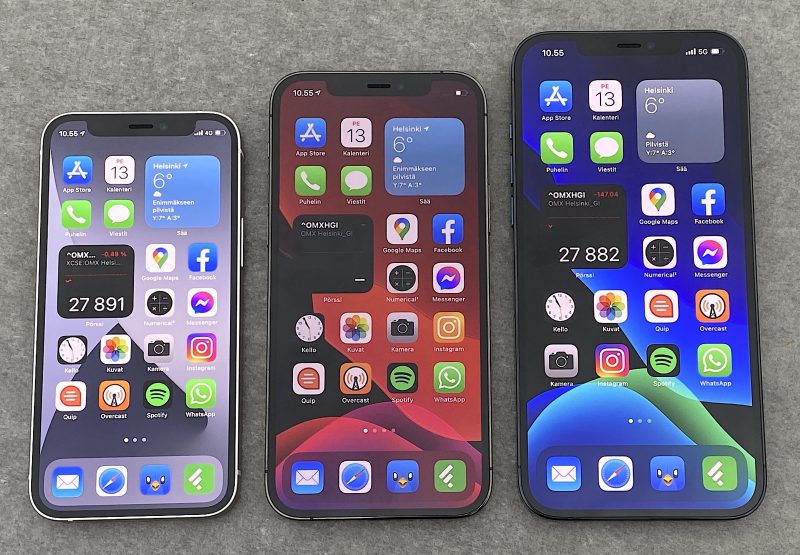 iPhone 12 mini, iPhone 12 Pro, iPhone 12 Pro Max. Näyttöjen koot 5,4, 6,1 ja 6,7 tuumaa.