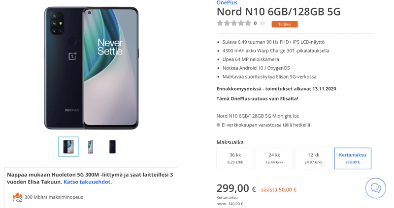 Elisa ennakkomyy OnePlus Nord N10 5G:tä 299 eurolla.