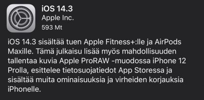 iOS 14.3 on nyt ladattavissa.