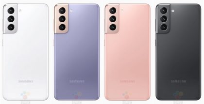 Samsung Galaxy S21:n eri värivaihtoehdot. Violetissa kamera-alue on pronssin värinen. Kuva: WinFuture.de.