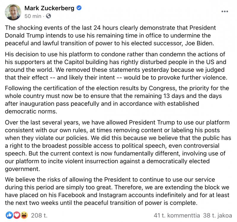 Facebookin perustaja ja toimitusjohtaja Mark Zuckerberg kertoi Trump-eston jatkumisesta.