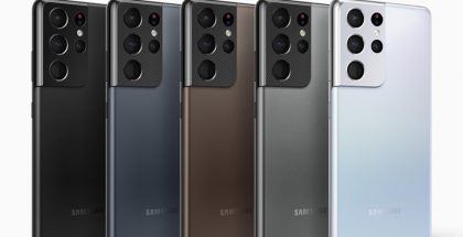 Samsung Galaxy S21+ Ultra 5G:n viisi värivaihtoehtoa. Reunoilla olevaa mustaa ja hopeaa odotetaan laajasti saataville, keskimmäistä kolmea vain rajatuille markkinoille. Kuva: Roland Quandt.