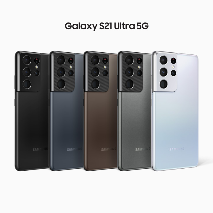 Samsung Galaxy S21+ Ultra 5G:n viisi värivaihtoehtoa. Reunoilla olevaa mustaa ja hopeaa odotetaan laajasti saataville, keskimmäistä kolmea vain rajatuille markkinoille. Kuva: Roland Quandt.