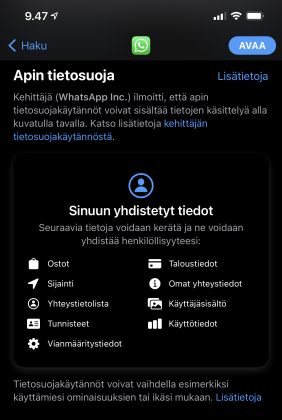 Esimerkki App Storessa esitettävistä tietosuojatiedoista esimerkiksi WhatsAppin osalta.