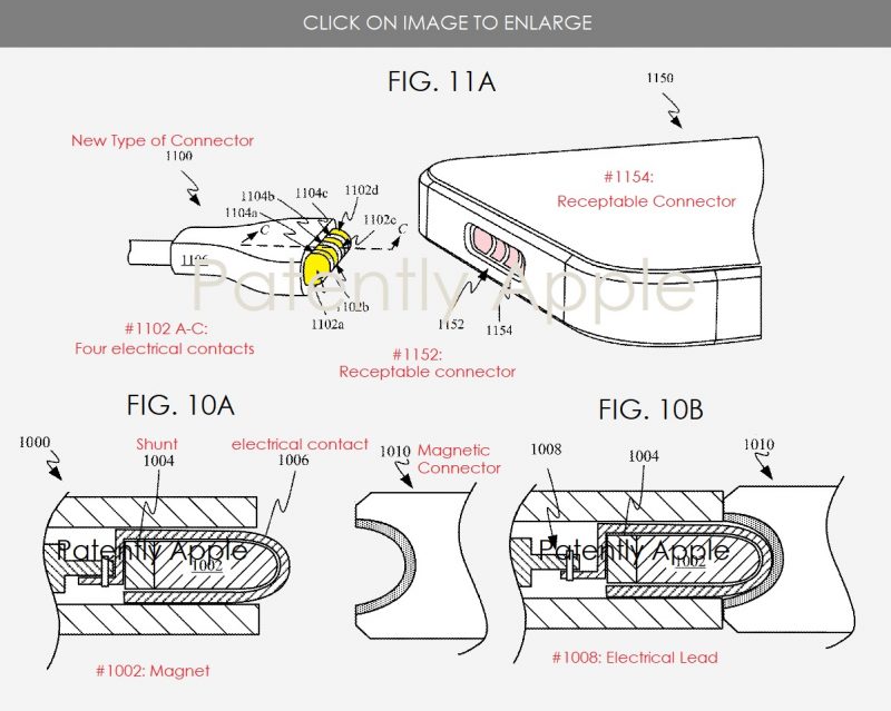 Applen patentoima uudenlainen magneettiliitäntä esimerkiksi iPhoneen. Kuva: Patently Apple.