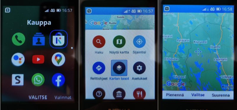 KaiOS:n päävalikko ja Google Maps -sovellus. Sovellus näyttää reitin, mutta ei osaa toimia navigaattorina.