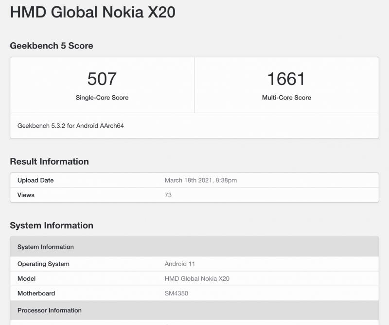 Nokia X20:n GeekBench-suorituskykytestin tiedot.