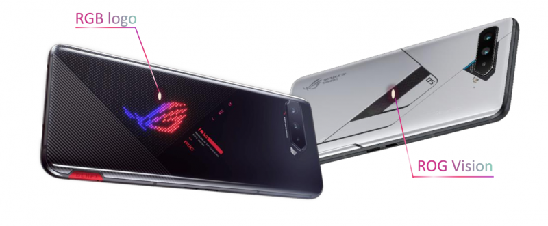 ROG Phone 5 ja ROG Phone 5 Ultimate. ROG Phone 5 Pron ja ROG Phone 5 Ultimaten erikoisuus on ROG Vision -OLED-passiivimatriisinäyttö takapinnassa.