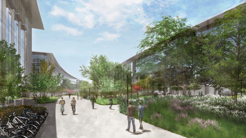 Mallinnoskuva Applen parhaillaan rakennettavasta Austinin kampuksesta. Mallinnos:  Studio8 Architects ja WP Visions.